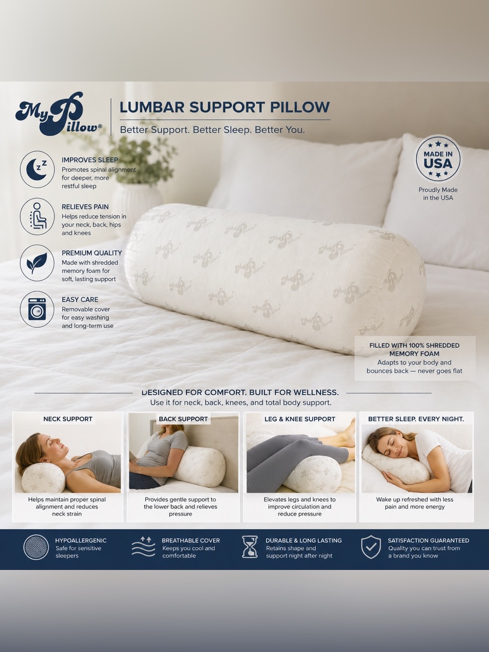 MyPillow Lumbar Neck Support Pillow White Memory Foam Roll 🇺🇸 - Picture 2 of 5